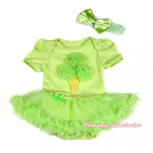 Light Green Baby Bodysuit Jumpsuit Light Green Pettiskirt With Light Green Rosettes Ice Cream Print With Light Green Headband Light Green Satin Bow JS2110 
