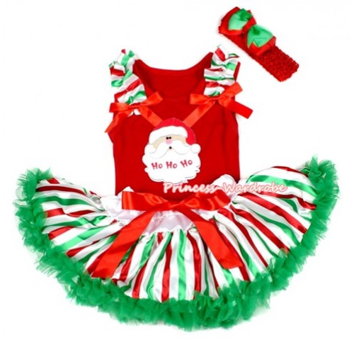 Xmas Red Baby Pettitop with Santa Claus Print with Red White Green Striped Ruffles & Red Bow with Red White Green Striped Newborn Pettiskirt NG1298 