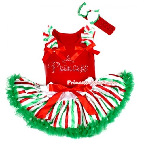 Xmas Red Baby Pettitop with Sparkle Crystal Bling Princess Print with Red White Green Striped Ruffles & Red Bow with Red White Green Striped Newborn Pettiskirt NG1301 