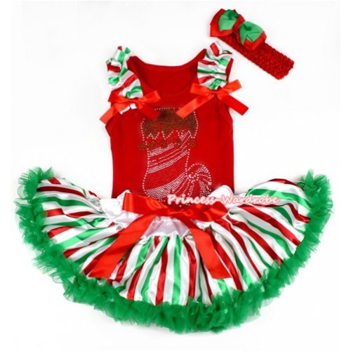 Xmas Red Baby Pettitop with Sparkle Crystal Bling Christmas Stocking Print with Red White Green Striped Ruffles & Red Bow with Red White Green Striped Newborn Pettiskirt NG1302 