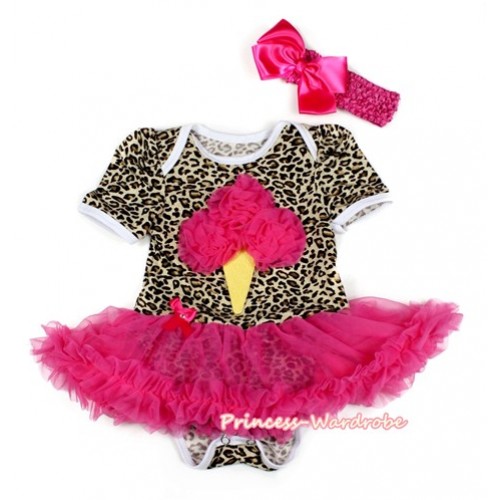 Leopard Baby Bodysuit Jumpsuit Hot Pink Pettiskirt With Hot Pink Rosettes Ice Cream Print With Hot Pink Headband Hot Pink Silk Bow JS2115 