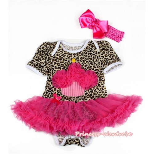 Leopard Baby Bodysuit Jumpsuit Hot Pink Pettiskirt With Hot Pink Birthday Cake Print With Hot Pink Headband Hot Pink Silk Bow JS2116 