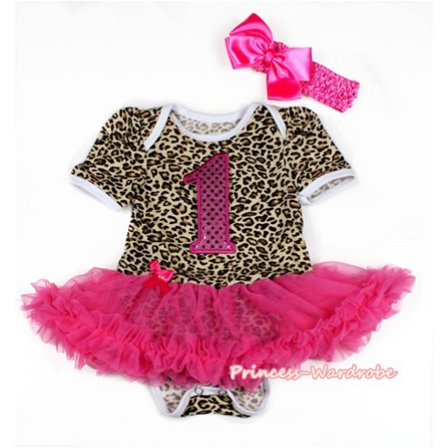Leopard Baby Bodysuit Jumpsuit Hot Pink Pettiskirt With 1st Sparkle Hot Pink Birthday Number Print With Hot Pink Headband Hot Pink Silk Bow JS2117 
