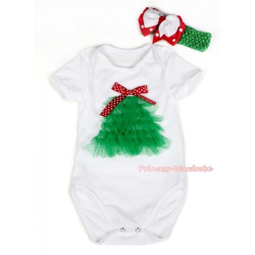 Xmas White Baby Jumpsuit with Kelly Green Ruffles Christmas Bell Print & Minnie Dots Bow TH452 
