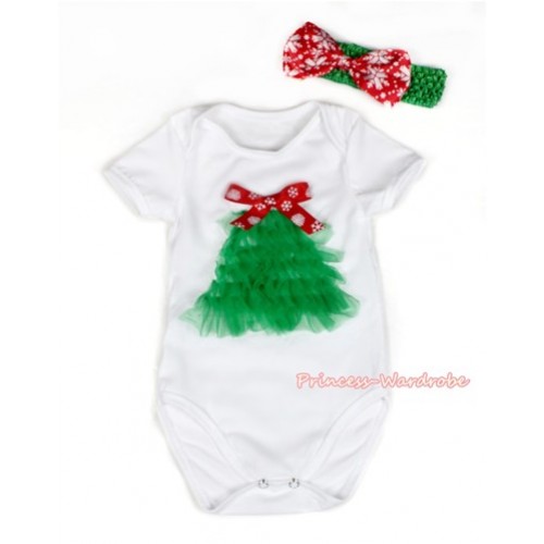 Xmas White Baby Jumpsuit with Kelly Green Ruffles Christmas Bell Print & Red Snowflakes Bow TH453 