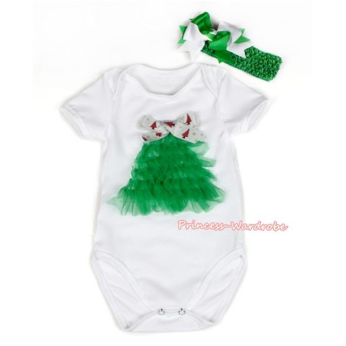 Xmas White Baby Jumpsuit with Kelly Green Ruffles Christmas Bell Print & White Christmas Tree Bow TH454 