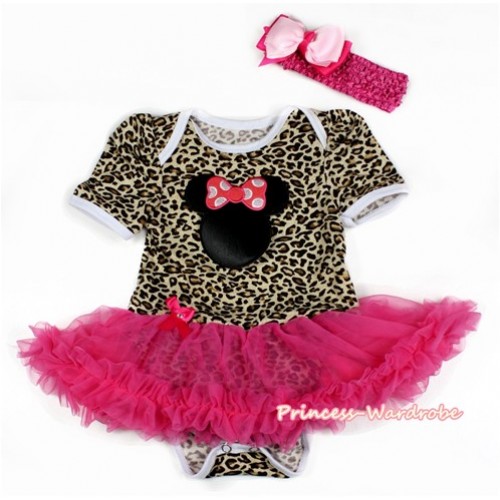 Leopard Baby Bodysuit Jumpsuit Hot Pink Pettiskirt With Hot Pink Minnie Print With Hot Pink Headband Light Hot Pink Ribbon Bow JS2122 