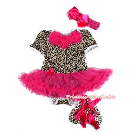 Leopard Baby Jumpsuit Hot Pink Pettiskirt With Hot Pink Rosettes With White Headband Hot Pink Silk Bow With Hot Pink Ribbon Leopard Shoes JS2126 