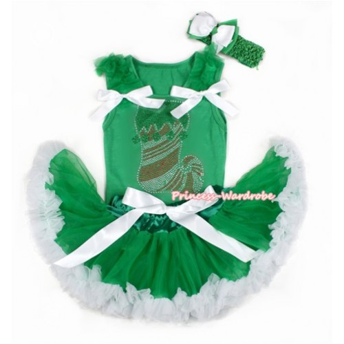 Xmas Kelly Green Baby Pettitop with Sparkle Crystal Bling Christmas Stocking Print with Kelly Green Ruffles & White Bow with Kelly Green White Newborn Pettiskirt BG099 