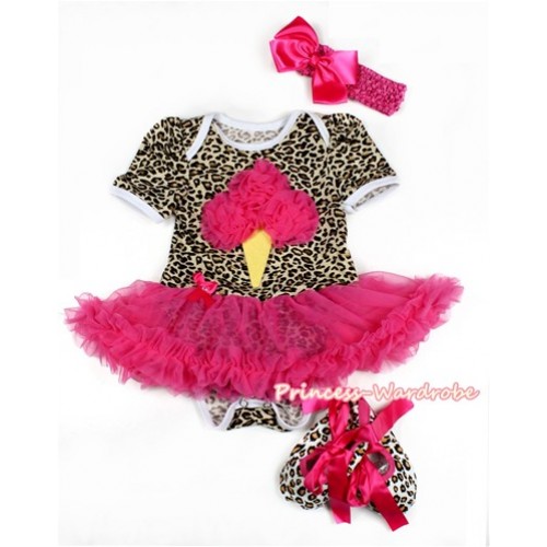 Leopard Baby Bodysuit Jumpsuit Hot Pink Pettiskirt With Hot Pink Rosettes Ice Cream Print With Hot Pink Headband Hot Pink Silk Bow With Hot Pink Ribbon Leopard Shoes JS2127 
