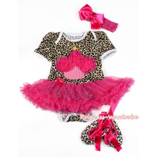 Leopard Baby Bodysuit Jumpsuit Hot Pink Pettiskirt With Hot Pink Birthday Cake Print With Hot Pink Headband Hot Pink Silk Bow With Hot Pink Ribbon Leopard Shoes JS2128 