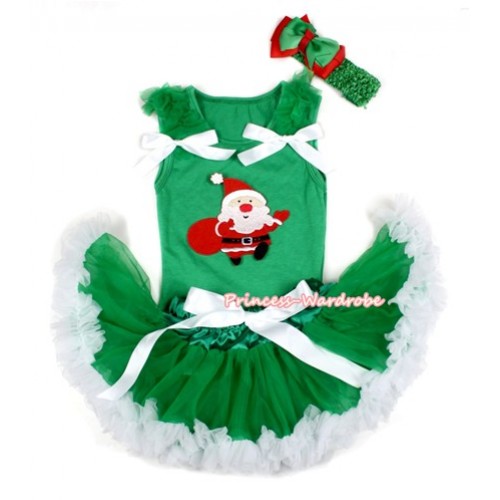 Xmas Kelly Green Baby Pettitop with Gift Bag Santa Claus Print with Kelly Green Ruffles & White Bow with Kelly Green White Newborn Pettiskirt BG105 