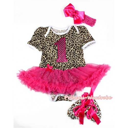 Leopard Baby Bodysuit Jumpsuit Hot Pink Pettiskirt With 1st Sparkle Hot Pink Birthday Number Print With Hot Pink Headband Hot Pink Silk Bow With Hot Pink Ribbon Leopard Shoes JS2129 
