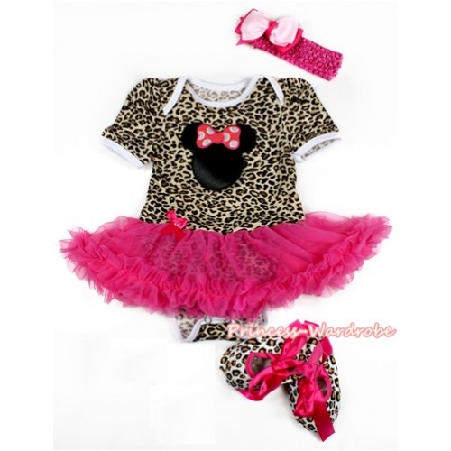 Leopard Baby Bodysuit Jumpsuit Hot Pink Pettiskirt With Hot Pink Minnie Print With Hot Pink Headband Light Hot Pink Ribbon Bow With Hot Pink Ribbon Leopard Shoes JS2134 