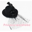 Black Rose and Feather Black Hat Clip with Black Polka Dots Net H120 