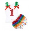 White Baby Pettitop & Kelly Green Ruffles & Red Bows & 1st Sparkle Red Birthday Number Print with White Rainbow Heart Bloomers with Red Headband Green Red Ribbon Bow LD234 