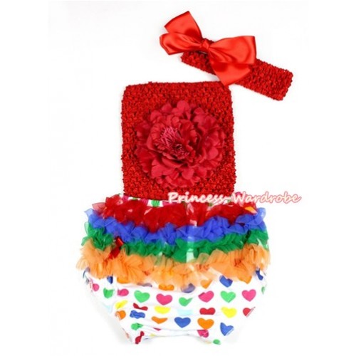 Valentine Rainbow Heart Bloomer ,Red Peony Red Crochet Tube Top,Red Headband Red Silk Bow 3PC Set CT661 