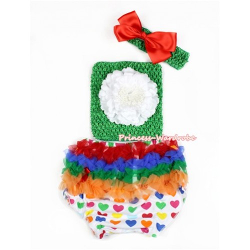Valentine Rainbow Heart Bloomer ,White Peony Kelly Green Crochet Tube Top,Kelly Green Headband Red Silk Bow 3PC Set CT664 