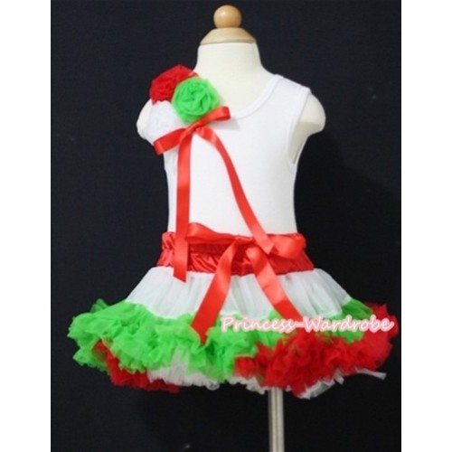 White Baby Pettitop with Bunch of Red White Dark Green Rosettes and Hot Red Ribbon & X'mas Hot Red White Dark Green Baby Pettiskirt  NG1019 