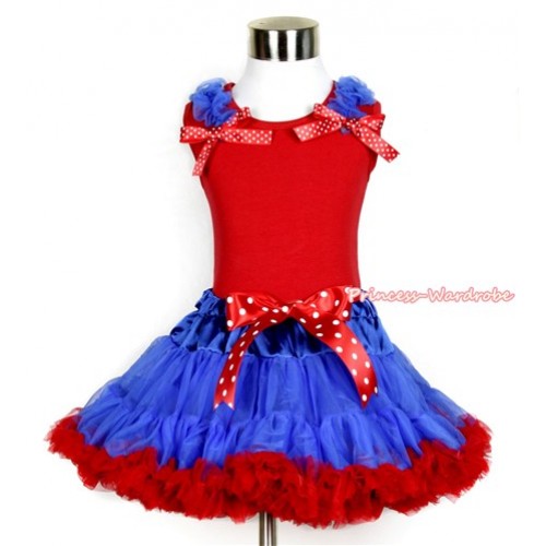 Red Tank Top with Royal Blue Ruffles and Minnie Dots Bows & Minnie Dots Bow Royal Blue Red Pettiskirt CM160 