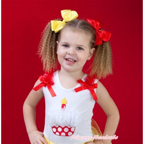 White Tank Top With White Rosettes Minnie Dots Birthday Cake Print With Red Ruffles & Red Bow TB549 
