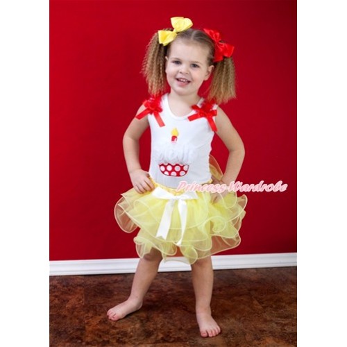 White Tank Top With Red Ruffles & Red Bow & White Rosettes Minnie Dots Birthday Cake Print With White Bow Yellow Petal Pettiskirt MG832 