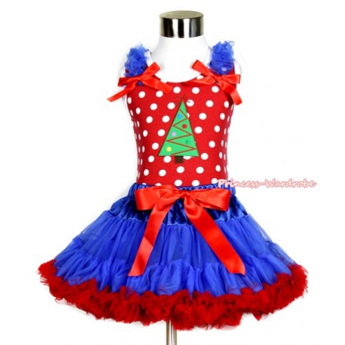 Xmas Minnie Dots Tank Top with Christmas Tree Print with Royal Blue Ruffles & Red Bow & Royal Blue Red Pettiskirt MH138 