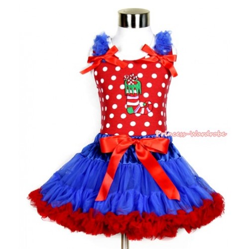 Xmas Minnie Dots Tank Top with Christmas Stocking Print with Royal Blue Ruffles & Red Bow & Royal Blue Red Pettiskirt MH139 