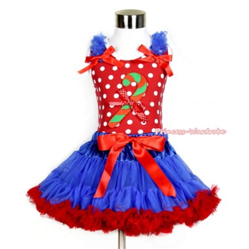 Xmas Minnie Dots Tank Top with Christmas Stick Print & Minnie Dots Bow with Royal Blue Ruffles & Red Bow & Royal Blue Red Pettiskirt MH140 