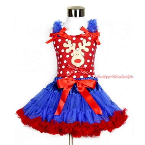 Xmas Minnie Dots Tank Top with Christmas Reindeer Print & Minnie Dots Bow with Royal Blue Ruffles & Red Bow & Royal Blue Red Pettiskirt MH141 