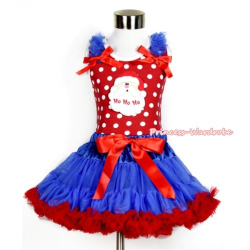 Xmas Minnie Dots Tank Top with Santa Claus Print with Royal Blue Ruffles & Red Bow & Royal Blue Red Pettiskirt MH142 