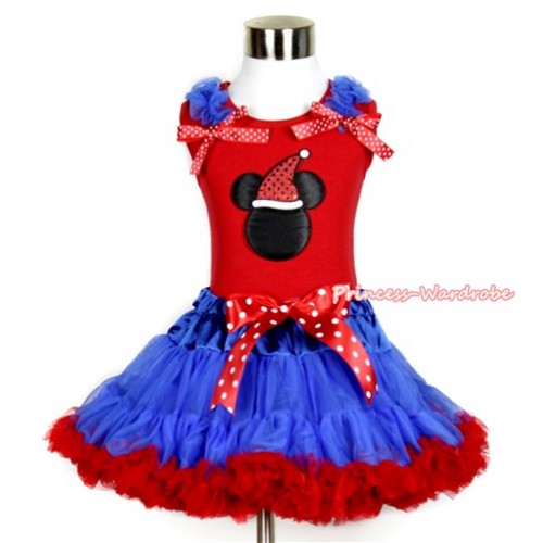 Xmas Red Tank Top with Christmas Minnie Print with Royal Blue Ruffles & Minnie Dots Bow & Minnie Dots Bow Royal Blue Red Pettiskirt CM162 