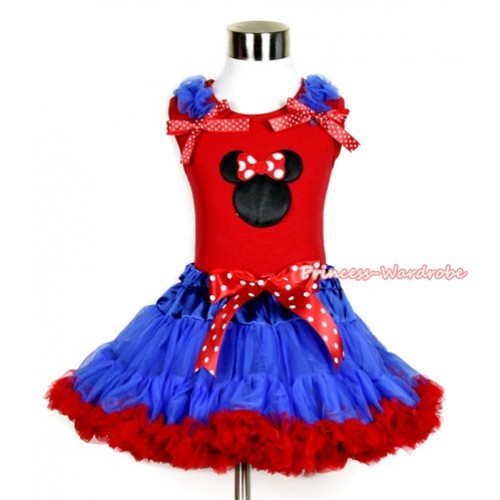 Red Tank Top with Minnie Print with Royal Blue Ruffles & Minnie Dots Bow & Minnie Dots Bow Royal Blue Red Pettiskirt CM165 