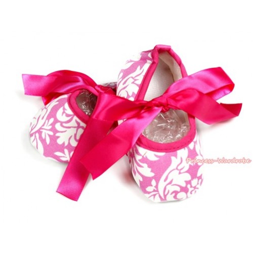 Light Pink White Damask Crib Shoes With Hot Pink Ribbon S606 