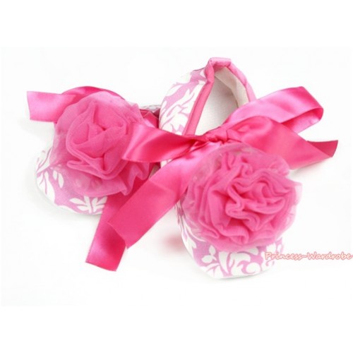 Light Pink White Damask Crib Shoes With Hot Pink Ribbon With Hot Pink Rosettes S607 