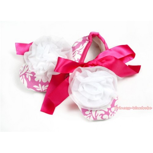 Light Pink White Damask Crib Shoes With Hot Pink Ribbon With White Rosettes S608 