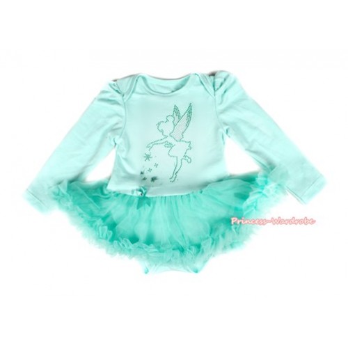 Aqua Blue Long Sleeve Baby Bodysuit Jumpsuit Aqua Blue Pettiskirt With Sparkle Crystal Bling Tinker Bell Print JS2153 