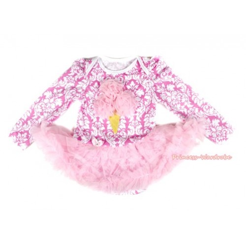 Light Pink White Damask Long Sleeve Baby Bodysuit Jumpsuit Light Pink Pettiskirt With Light Pink Rosettes Ice Cream Print JS2156 