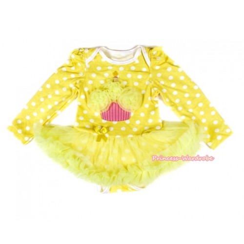 Yellow White Dots Long Sleeve Baby Bodysuit Jumpsuit Yellow Pettiskirt With Yellow Rosettes Birthday Cake Print JS2165 