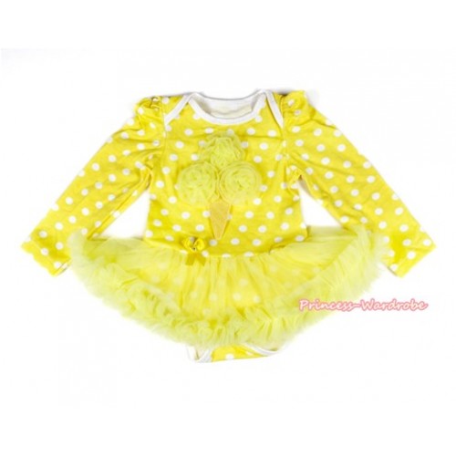 Yellow White Dots Long Sleeve Baby Bodysuit Jumpsuit Yellow Pettiskirt With Yellow Rosettes Ice Cream Print JS2166 
