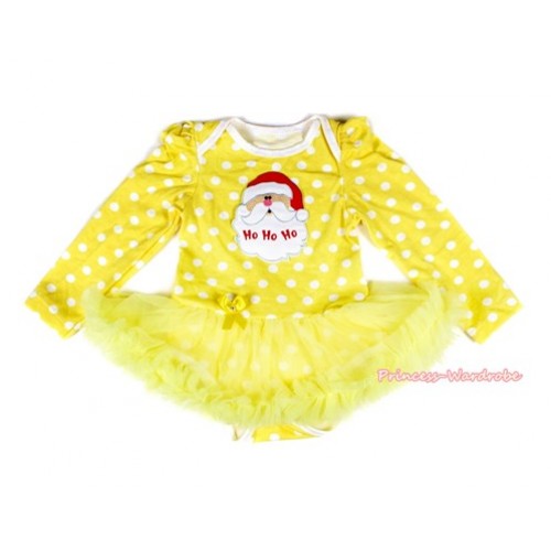 Xmas Yellow White Dots Long Sleeve Baby Bodysuit Jumpsuit Yellow Pettiskirt With Santa Claus Print JS2168 