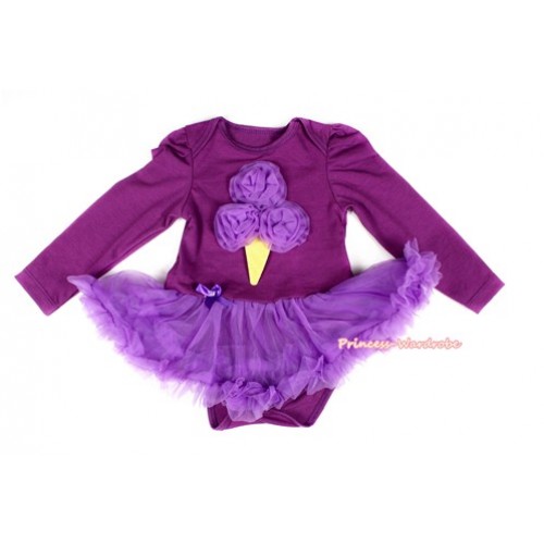 Dark Purple Long Sleeve Baby Bodysuit Jumpsuit Dark Purple Pettiskirt With Dark Purple Rosettes Ice Cream Print JS2263 
