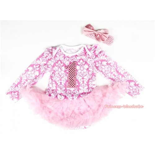 Light Pink White Damask Long Sleeve Baby Bodysuit Jumpsuit Light Pink Pettiskirt With 1st Light Pink Birthday Number Print & Light Pink Headband Light Pink Satin Bow JS2192 
