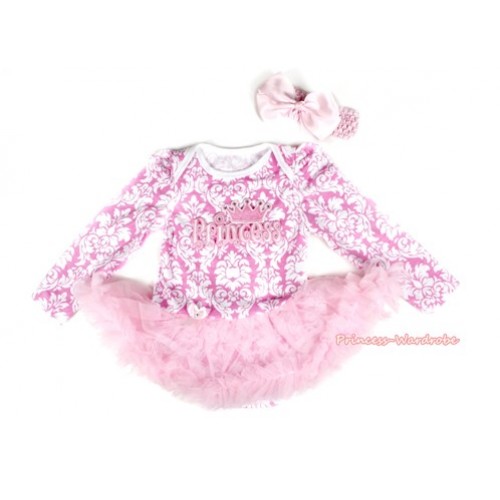 Light Pink White Damask Long Sleeve Baby Bodysuit Jumpsuit Light Pink Pettiskirt With Princess Print & Light Pink Headband Light Pink Silk Bow JS2197 