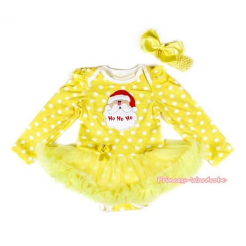 Xmas Yellow White Dots Long Sleeve Baby Bodysuit Jumpsuit Yellow Pettiskirt With Santa Claus Print & Yellow Headband Yellow Silk Bow JS2202 