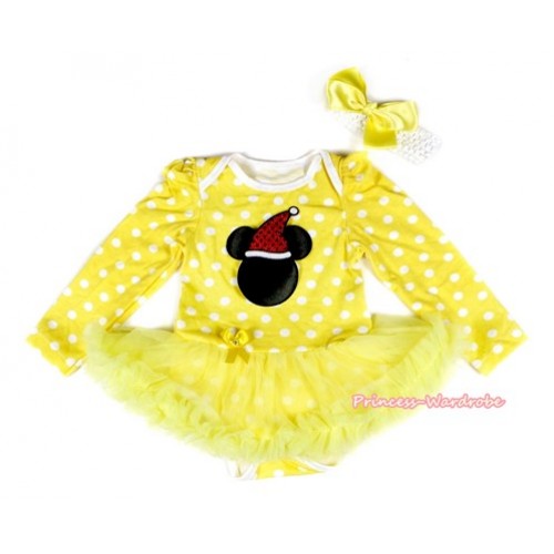 Xmas Yellow White Dots Long Sleeve Baby Bodysuit Jumpsuit Yellow Pettiskirt With Christmas Minnie Print & White Headband Yellow Silk Bow JS2207 