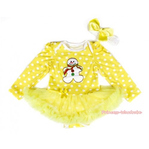Xmas Yellow White Dots Long Sleeve Baby Bodysuit Jumpsuit Yellow Pettiskirt With Christmas Gingerbread Snowman Print & White Headband Yellow Silk Bow JS2208 