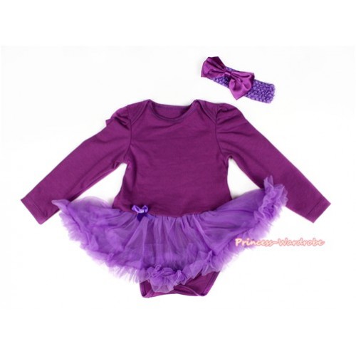 Dark Purple Long Sleeve Baby Bodysuit Jumpsuit Dark Purple Pettiskirt With Dark Purple Headband Dark Purple Satin Bow JS2271 