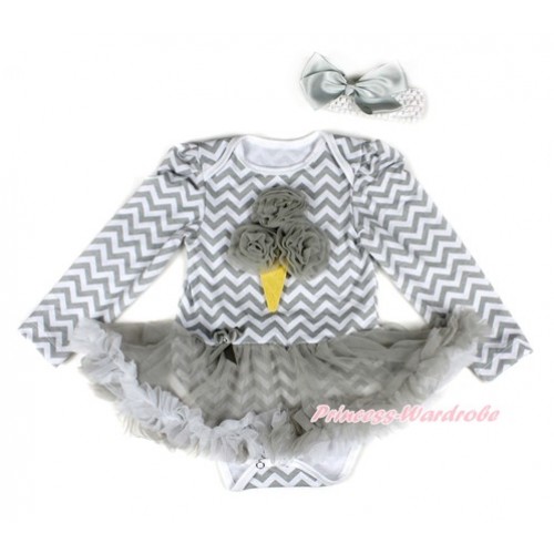 Grey White Wave Long Sleeve Baby Bodysuit Jumpsuit Grey White Pettiskirt With Grey Rosettes Ice Cream Print & White Headband Grey Silk BowJS2235 