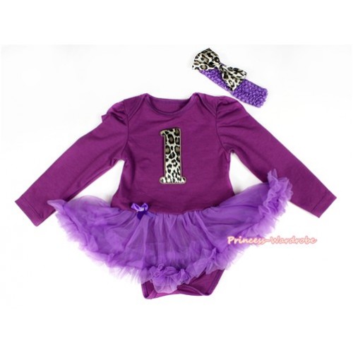 Dark Purple Long Sleeve Baby Bodysuit Jumpsuit Dark Purple Pettiskirt With 1st Leopard Birthday Number Print & Dark Purple Headband Leopard Satin Bow JS2278 